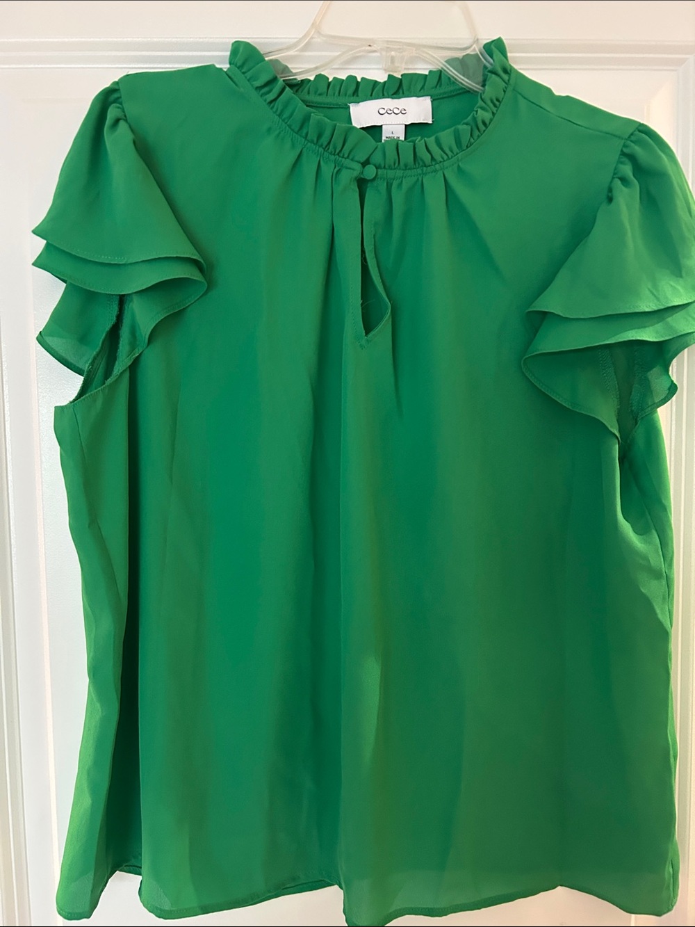 CeCe Green Ruffle-Sleeve Keyhole Blouse